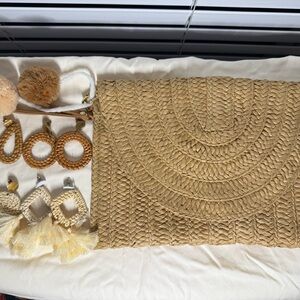 Chic Tan Woven Clutch with Tassel Earrings